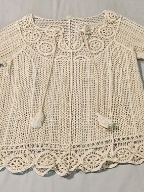 Ultra Pink Cream Crochet Tie-Front Scoop Neck Sweater